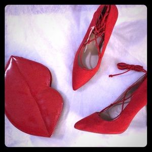 {Brash} Red Suede Lace Up Pumps